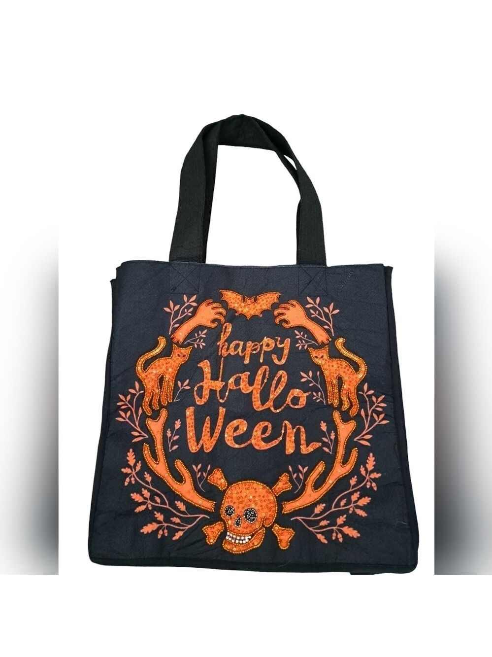 HALLOWEEN felt tote bag glitter sequins embroidery skulls bats black orange XL